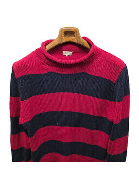 Quaker Marine Supply Fishermans Sweater Roll Neck Mens L Navy red Chunky 22.5x29